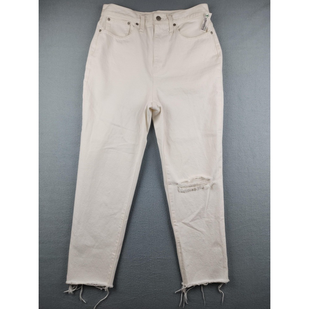 Madewell The Momjean Jeans Womens 29 White High Rise Distressed Crop Raw Hem